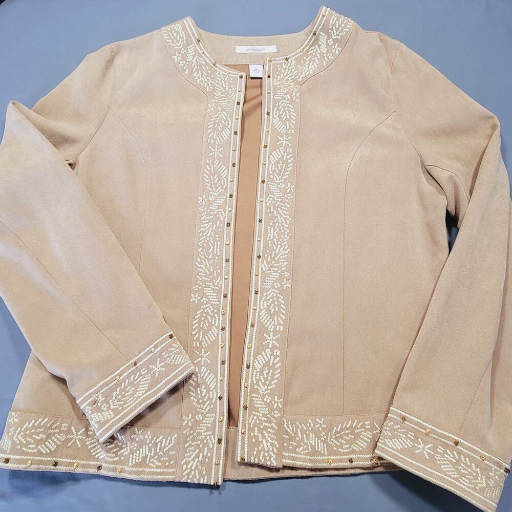 Dressbarn Brown Jacket Velvety Womens Size M Embroidered Long Sleeves Open Front